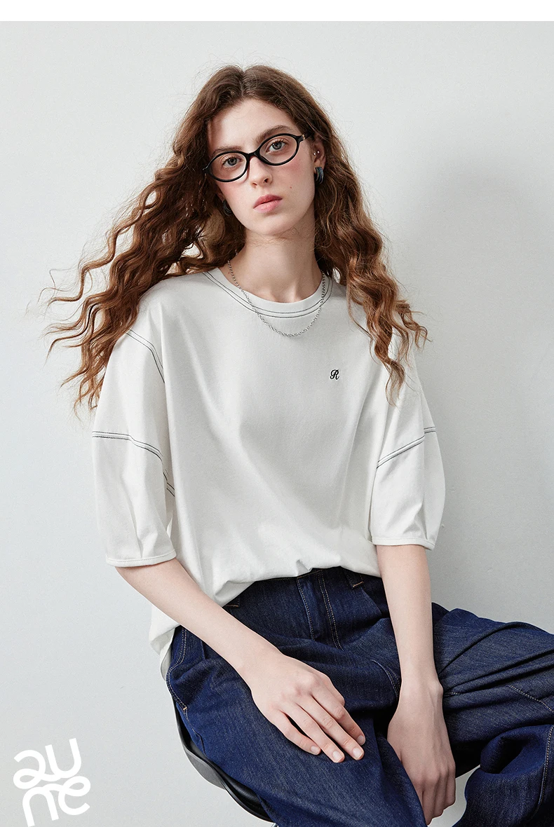 TOYOUTH Women's Short Sleeve Tee 2026 Autumn New 100 Percent Cotton Antibacterial Lantern Sleeve Slimming Clean Fit Casual Tops
