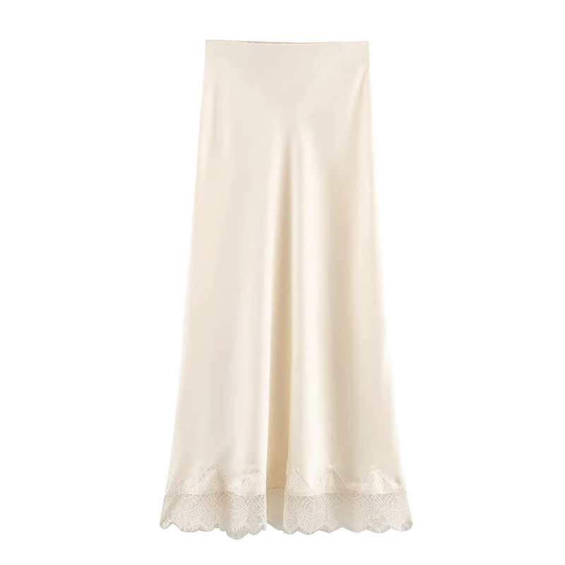 Willshela Women Fashion Solid Lace Side Hem Pleated A-Line Midi Skirt Vintage High Elastic Waist Female Chic Lady Skirts