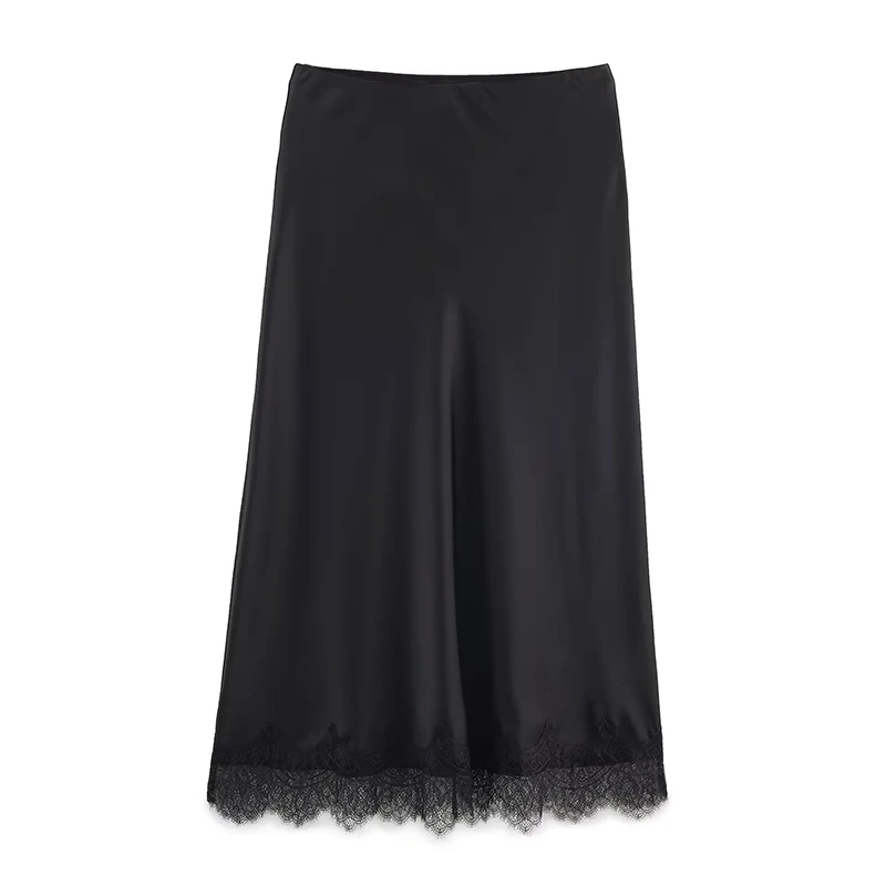 Willshela Women Fashion Solid Lace Side Hem Pleated A-Line Midi Skirt Vintage High Elastic Waist Female Chic Lady Skirts