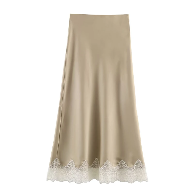 Willshela Women Fashion Solid Lace Side Hem Pleated A-Line Midi Skirt Vintage High Elastic Waist Female Chic Lady Skirts