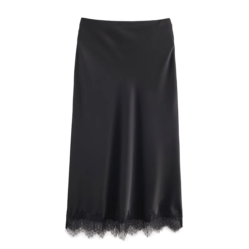 Willshela Women Fashion Solid Lace Side Hem Pleated A-Line Midi Skirt Vintage High Elastic Waist Female Chic Lady Skirts