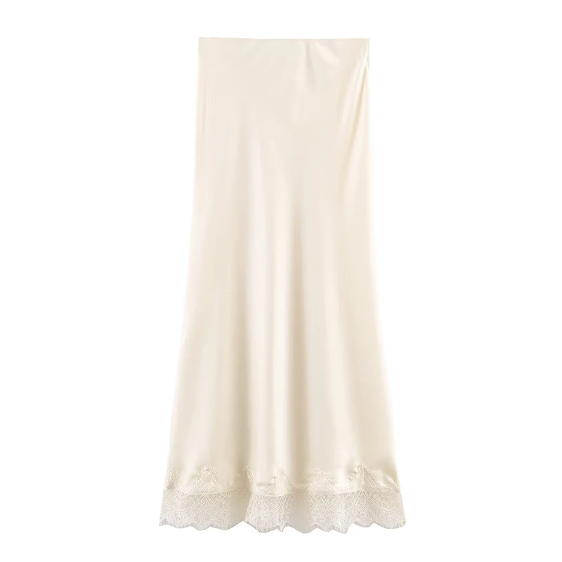 Willshela Women Fashion Solid Lace Side Hem Pleated A-Line Midi Skirt Vintage High Elastic Waist Female Chic Lady Skirts