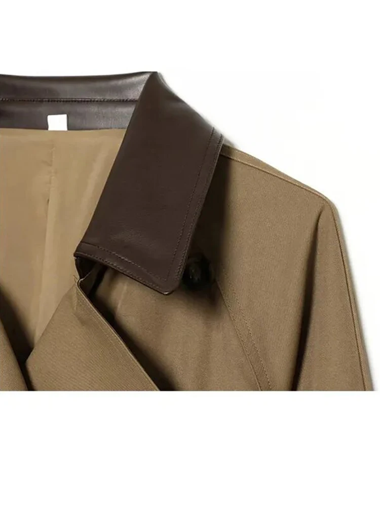 Women Faux Leather Collar Short Trench Coat Double Breasted Belted Waist Lapel Windbreaker Retro British Style Casual Outerwear