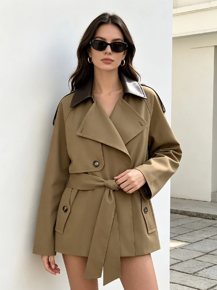 Women Faux Leather Collar Short Trench Coat Double Breasted Belted Waist Lapel Windbreaker Retro British Style Casual Outerwear