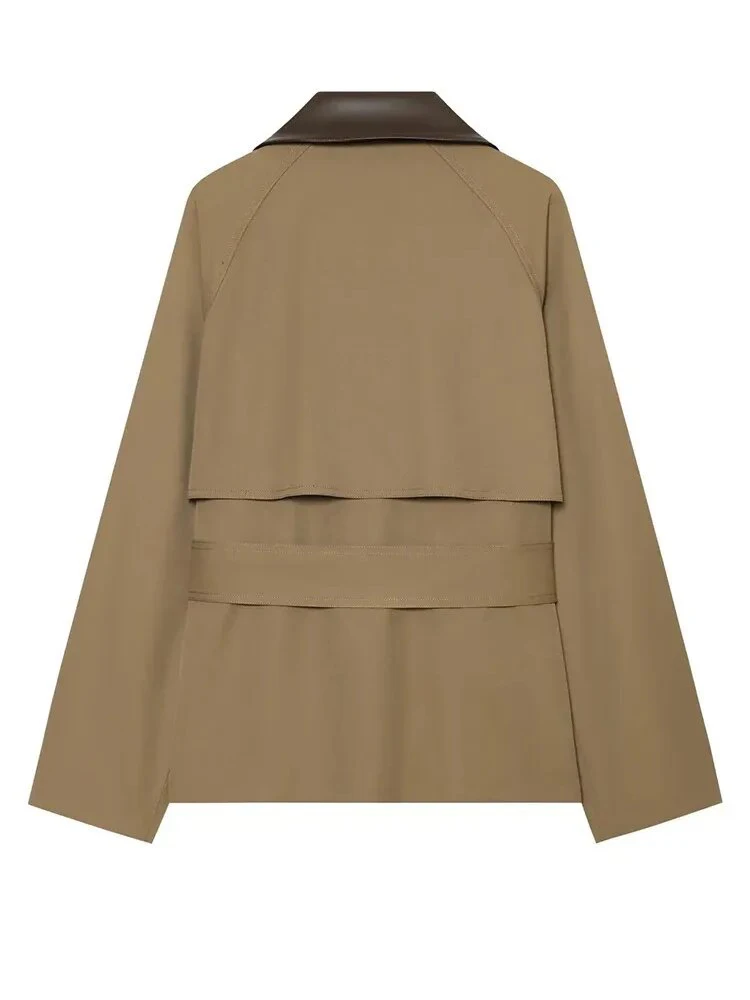 Women Faux Leather Collar Short Trench Coat Double Breasted Belted Waist Lapel Windbreaker Retro British Style Casual Outerwear
