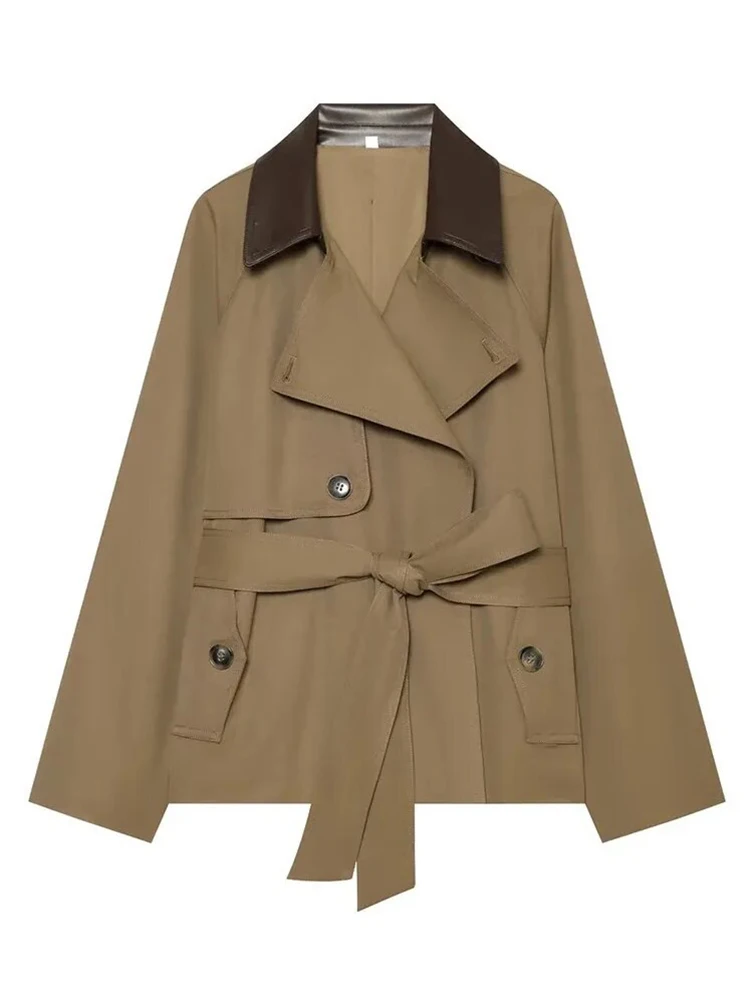 Women Faux Leather Collar Short Trench Coat Double Breasted Belted Waist Lapel Windbreaker Retro British Style Casual Outerwear