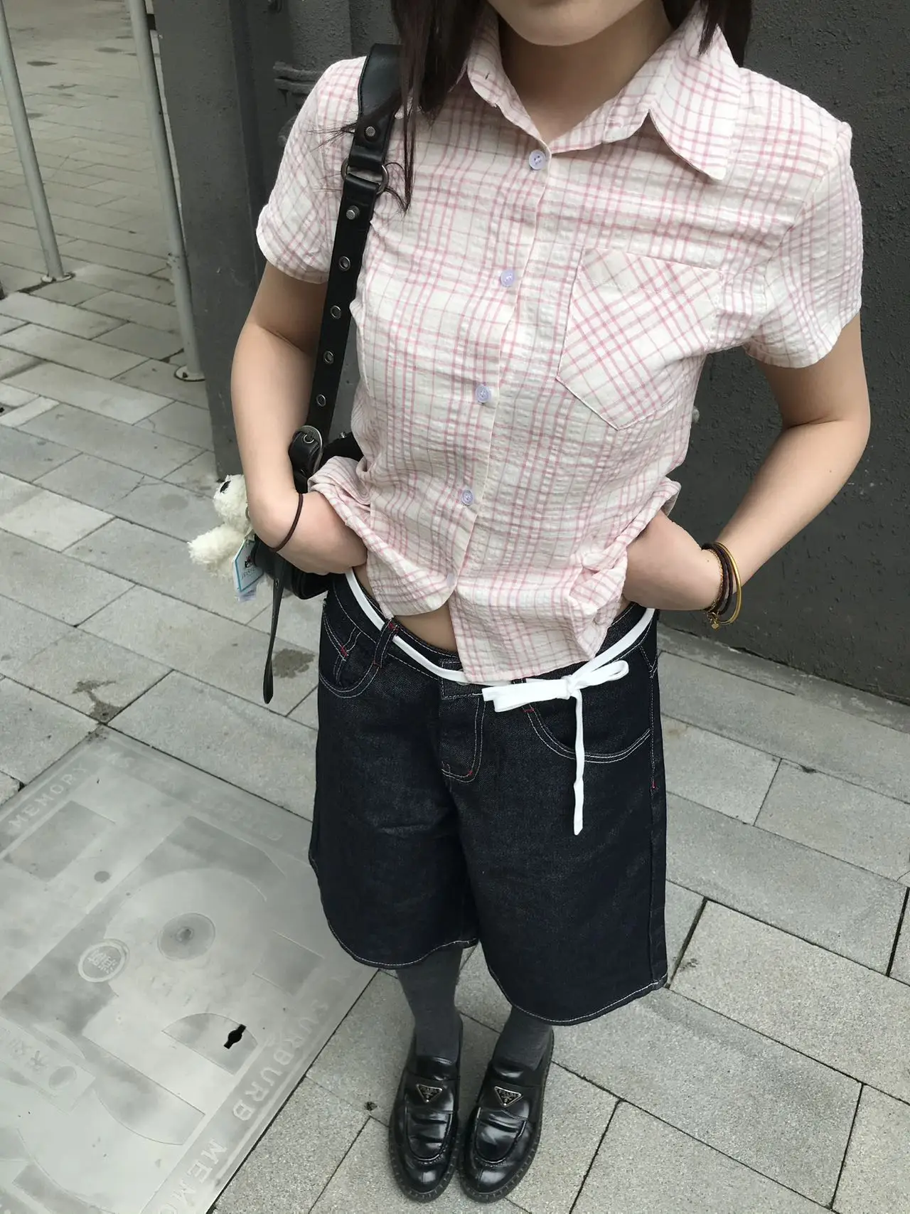 Genayooa Y2k Japanese Plaid Shirt Women Short Sleeve Pocket Slim 2000s Aesthetic Crop Tops Summer Vintage Blouse And Shirt Retro