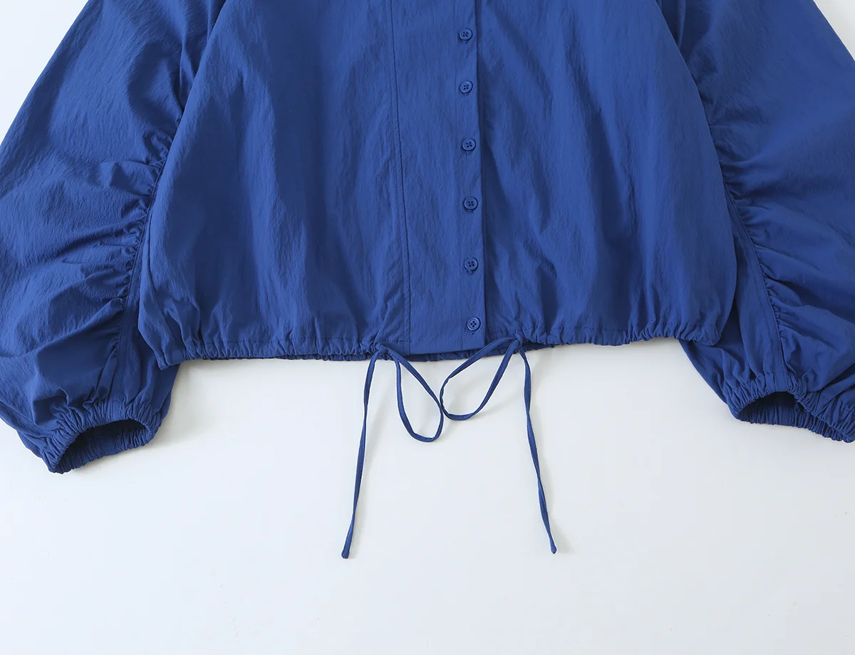 TFMLN Vintage Blue Single Breasted Jackets For Women 2026 Autumn New Chic Causal Folds Sleeve Stand Collar Coats High Street Top