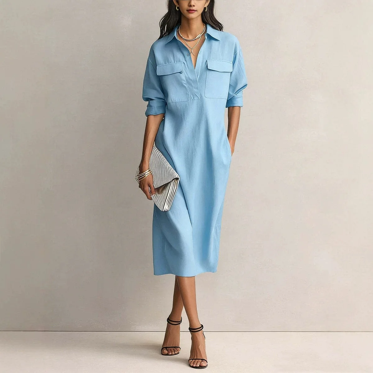 26 Spring and Summer New Women's Button Cotton Linen Dress