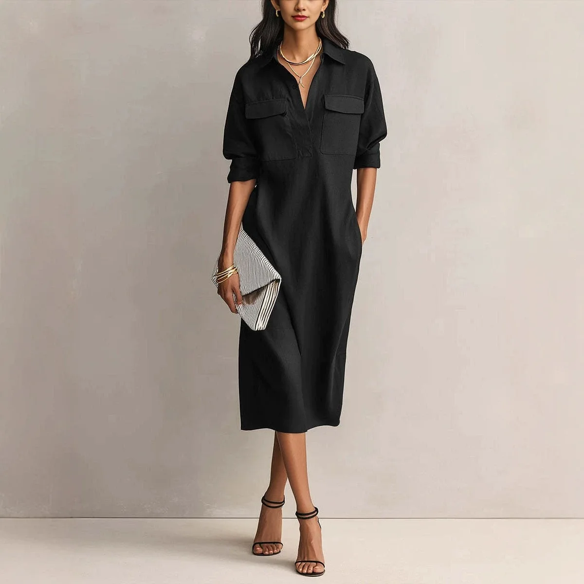 26 Spring and Summer New Women's Button Cotton Linen Dress