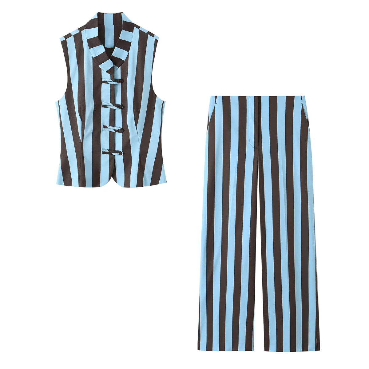BSAY 2026 Vertical Striped Women Matching Outfit Lapel Sleeveless Frog Button Vest High Waist Wide Leg Trousers Casual Piece Set
