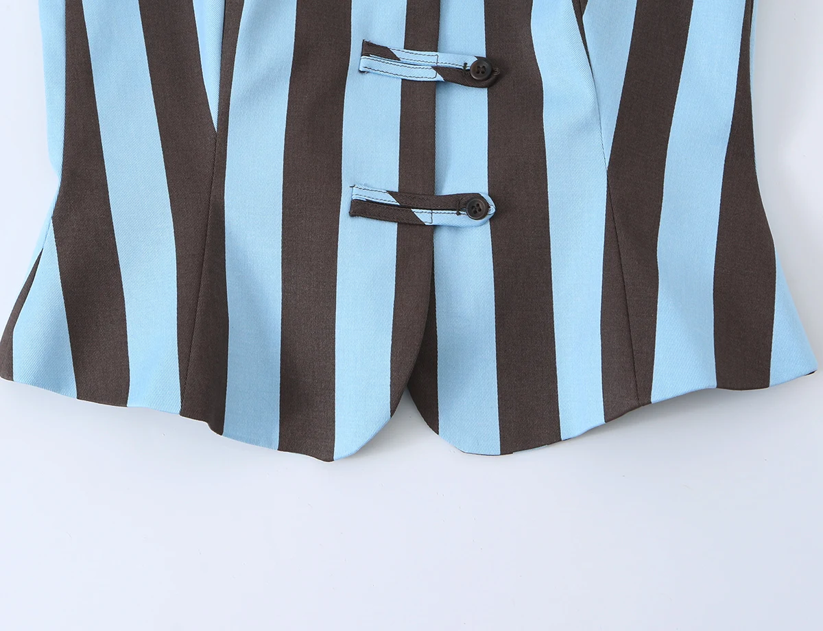 BSAY 2026 Vertical Striped Women Matching Outfit Lapel Sleeveless Frog Button Vest High Waist Wide Leg Trousers Casual Piece Set
