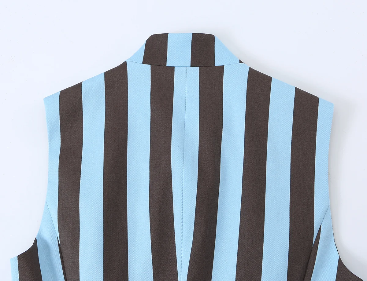 BSAY 2026 Vertical Striped Women Matching Outfit Lapel Sleeveless Frog Button Vest High Waist Wide Leg Trousers Casual Piece Set