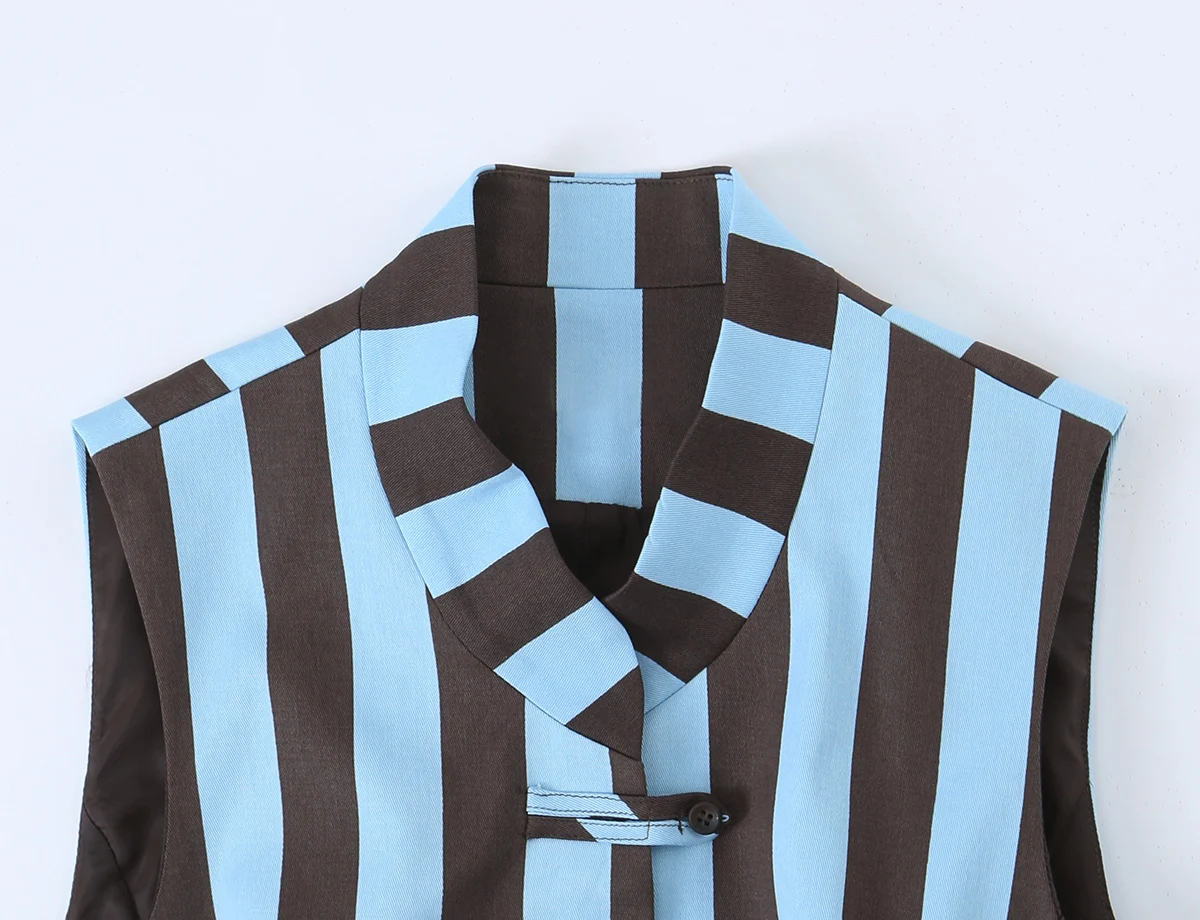 BSAY 2026 Vertical Striped Women Matching Outfit Lapel Sleeveless Frog Button Vest High Waist Wide Leg Trousers Casual Piece Set