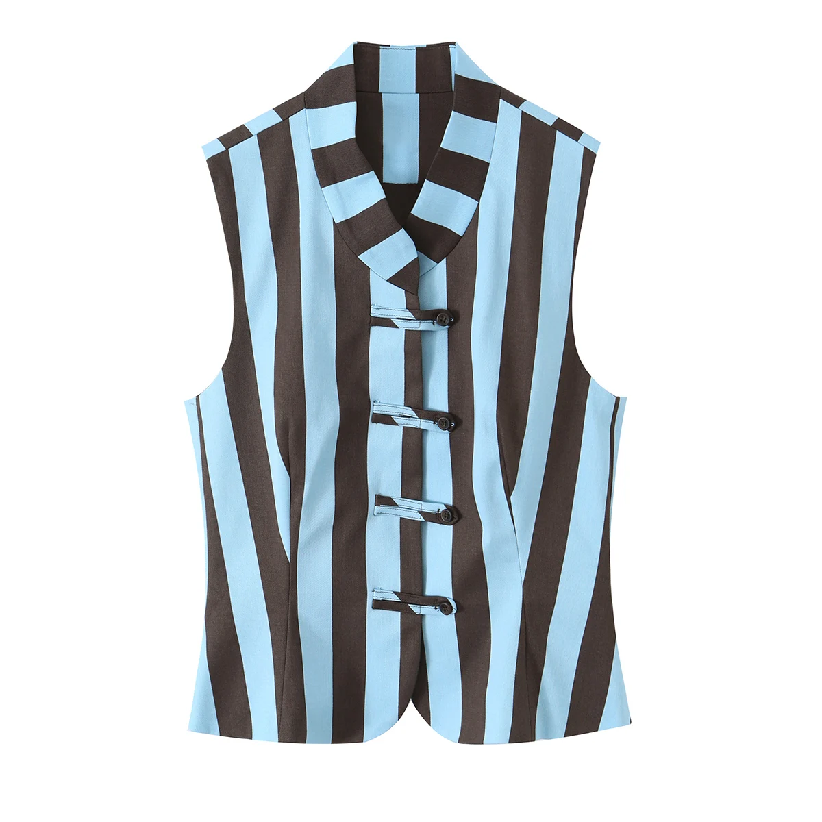 BSAY 2026 Vertical Striped Women Matching Outfit Lapel Sleeveless Frog Button Vest High Waist Wide Leg Trousers Casual Piece Set