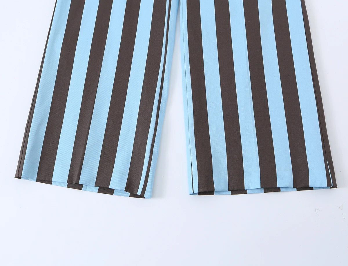 BSAY 2026 Vertical Striped Women Matching Outfit Lapel Sleeveless Frog Button Vest High Waist Wide Leg Trousers Casual Piece Set