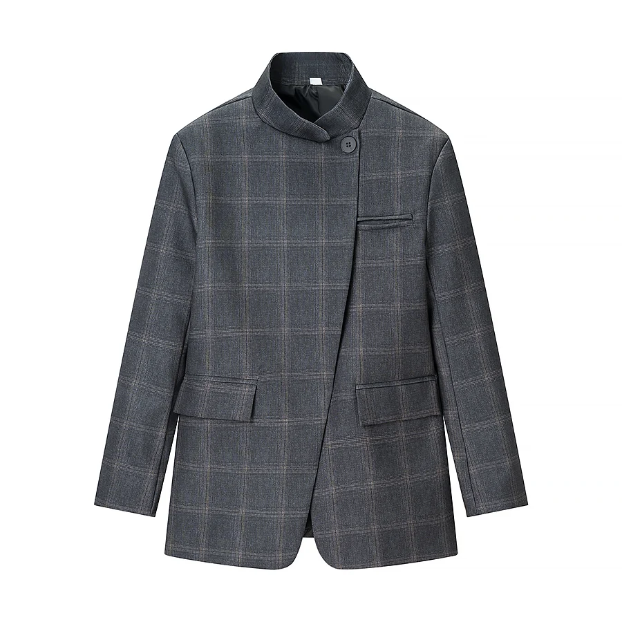 HH Women Fashion Plaid Blazer Coat Stand Collar Long Sleeve Jacket 2026 Spring Trend Casual Office Lady Chic Outerwear
