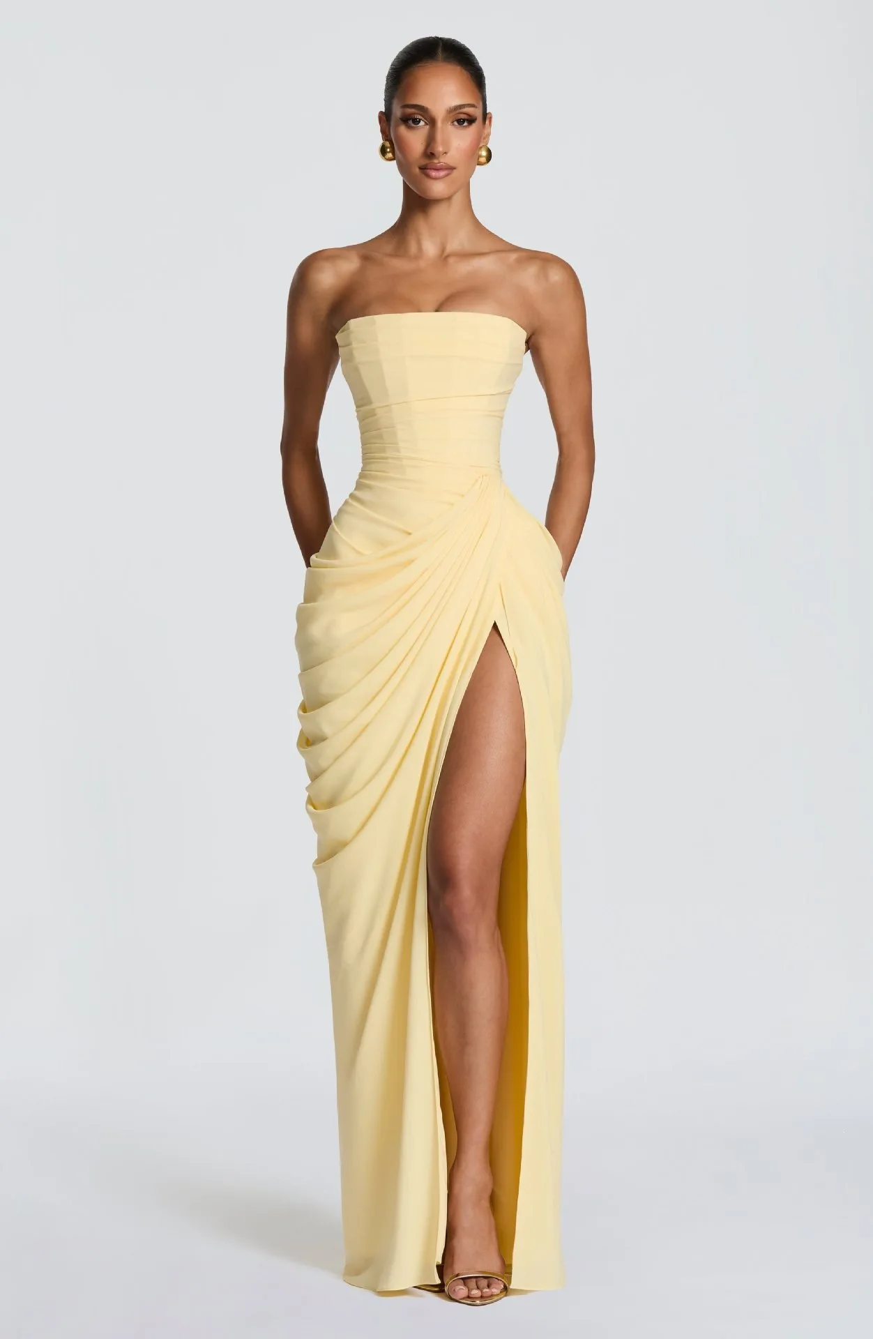 2026 new strapless evening dress women's long pleated slit sexy party dress European and American style