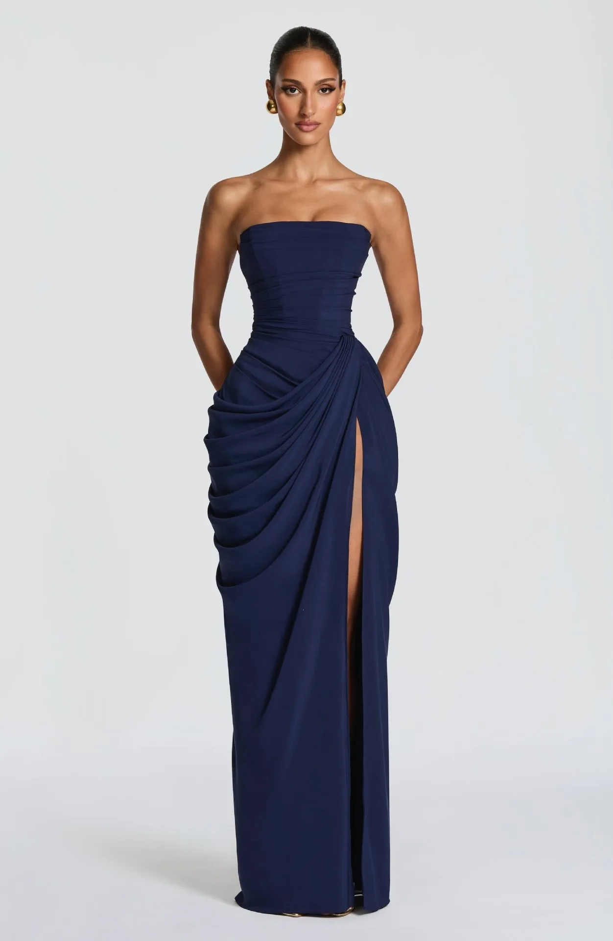 2026 new strapless evening dress women's long pleated slit sexy party dress European and American style
