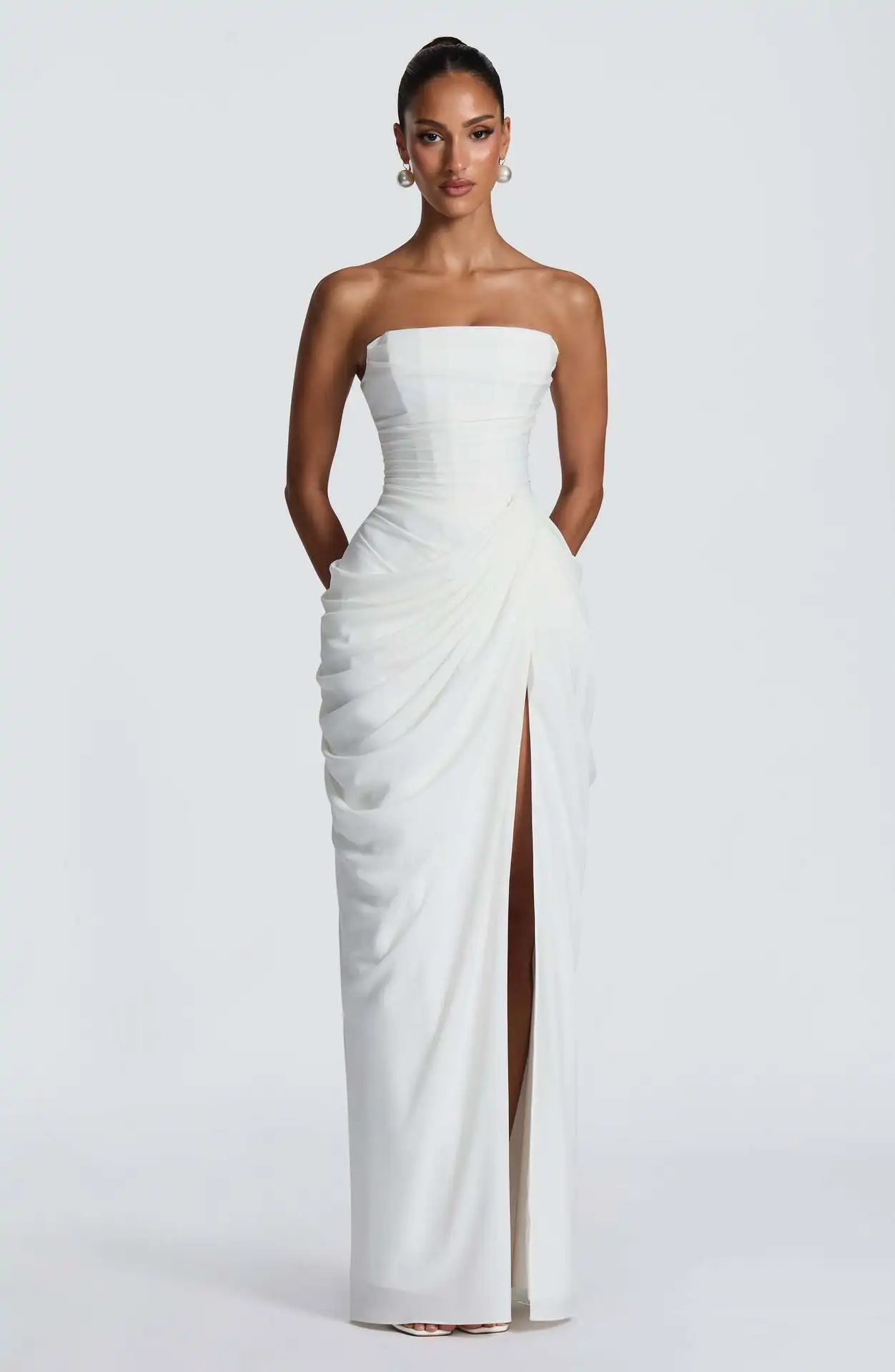 2026 new strapless evening dress women's long pleated slit sexy party dress European and American style