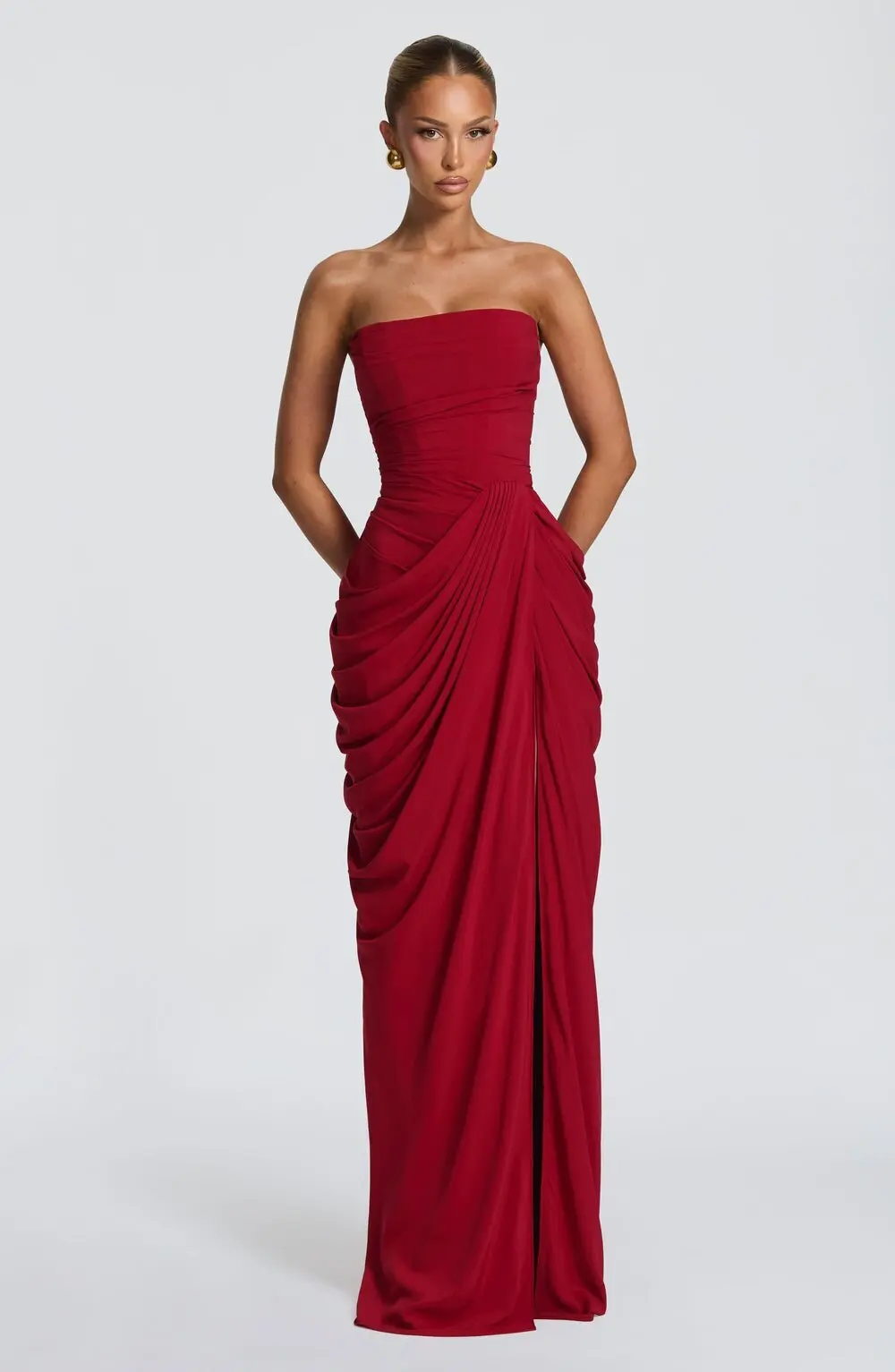 2026 new strapless evening dress women's long pleated slit sexy party dress European and American style