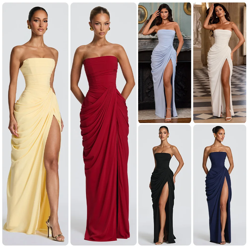 2026 new strapless evening dress women's long pleated slit sexy party dress European and American style
