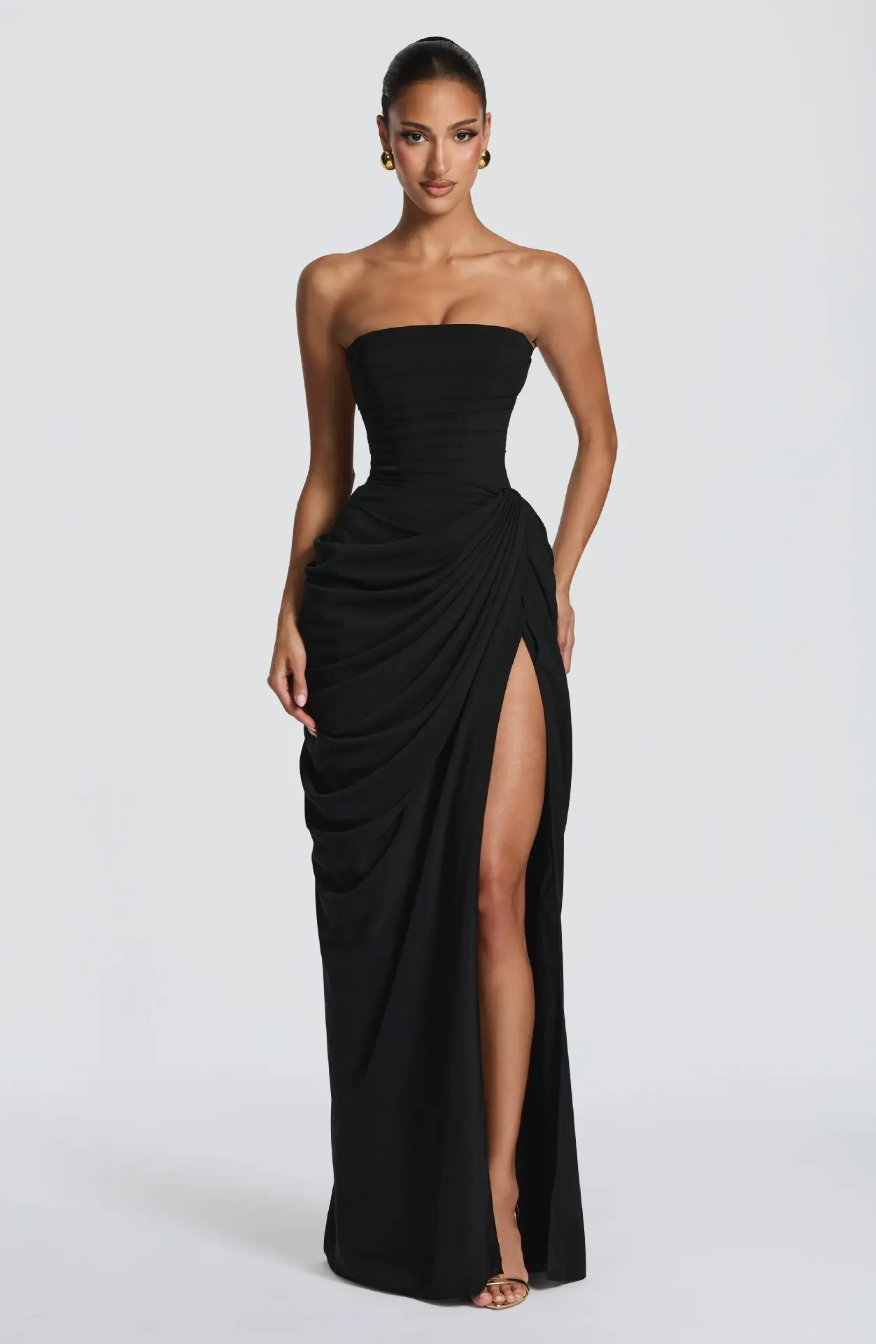 2026 new strapless evening dress women's long pleated slit sexy party dress European and American style