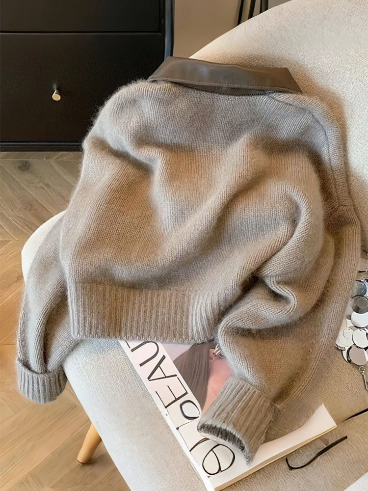 Patchwork Zipper Cropped Cardigan Women 400g Thick Autumn Knitted Sweater Jacket Vintage 2000s Short Fitted Knitwear Coat