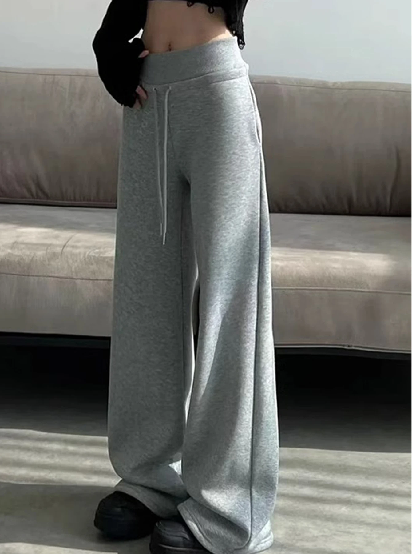 Women's Gray Sports High Waist Hanging Loose Slimming Straight Leg Wide Leg Pants American Sweatpants