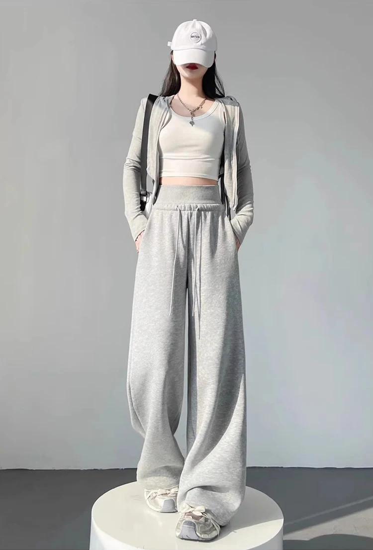 Women's Gray Sports High Waist Hanging Loose Slimming Straight Leg Wide Leg Pants American Sweatpants