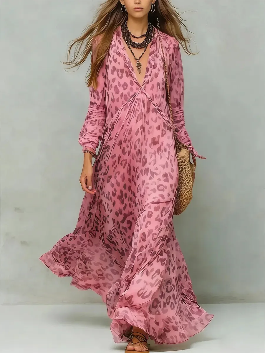 Sexy Deep V Neck High Waist Draped Party Dresses Woman Elegant Leopard Print Long Dress Spring Puff Sleeve Chiffon Holiday Dress