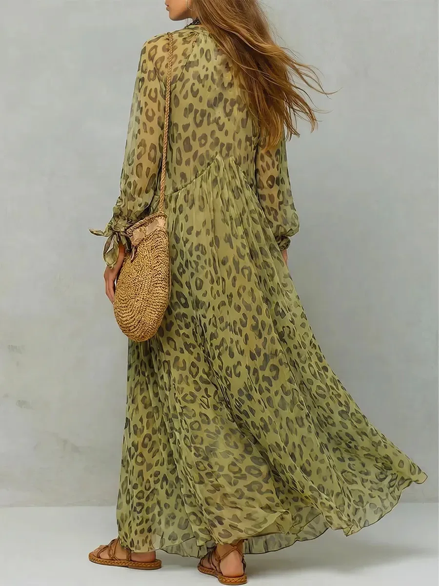 Sexy Deep V Neck High Waist Draped Party Dresses Woman Elegant Leopard Print Long Dress Spring Puff Sleeve Chiffon Holiday Dress