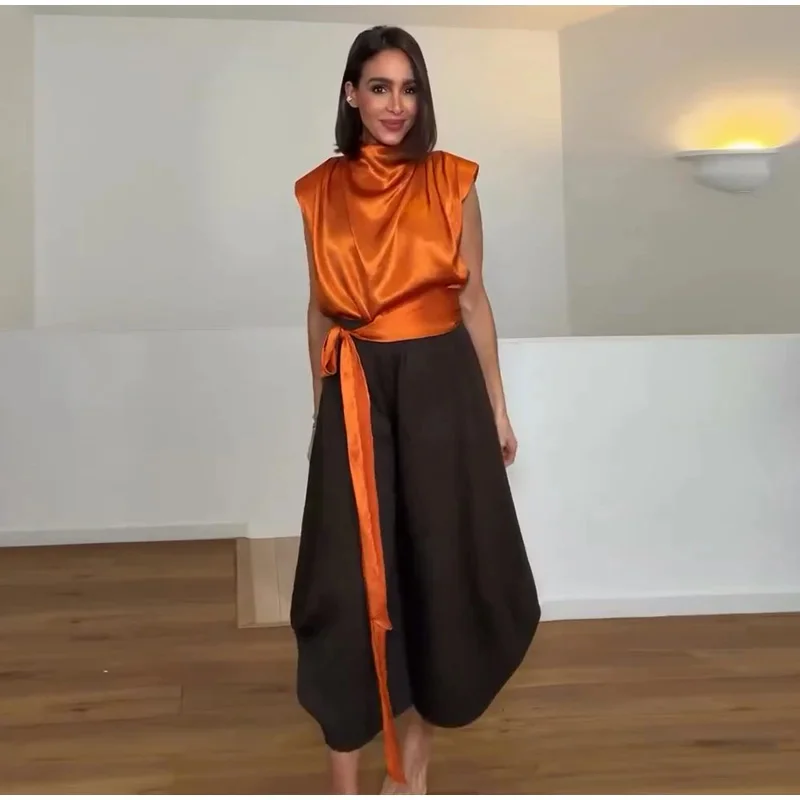 Women's Top 2026 Spring New Style Orange Sleeveless Satin Texture Long Ribbon Top Elegant and Stylish Unique Fashion Focus