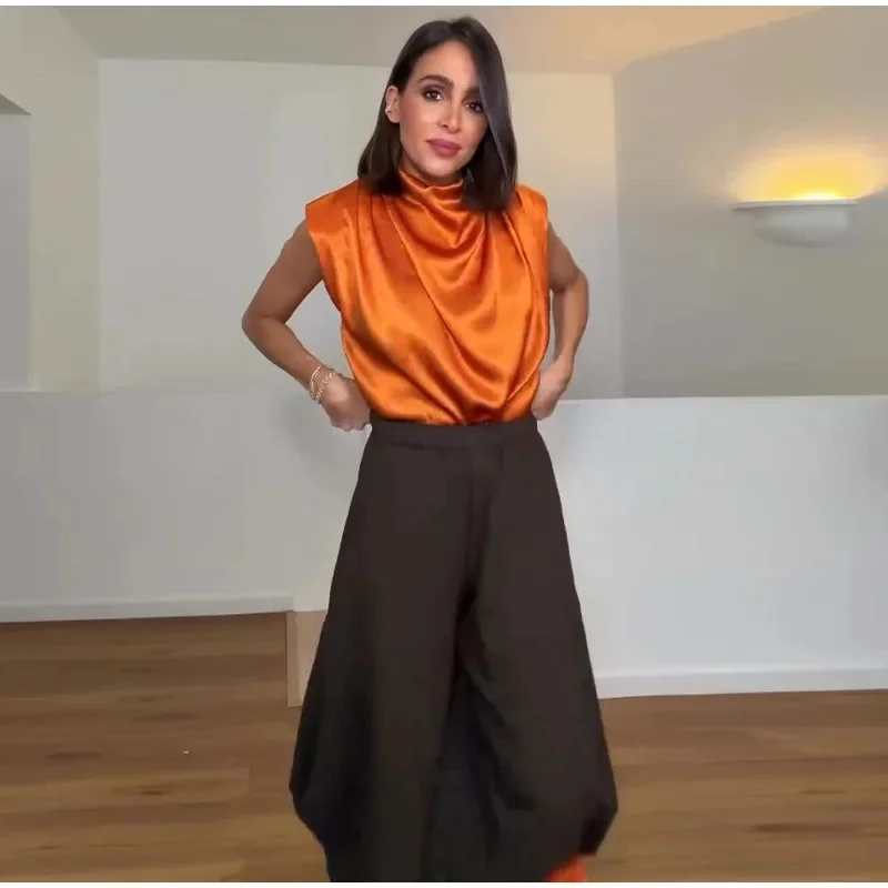 Women's Top 2026 Spring New Style Orange Sleeveless Satin Texture Long Ribbon Top Elegant and Stylish Unique Fashion Focus