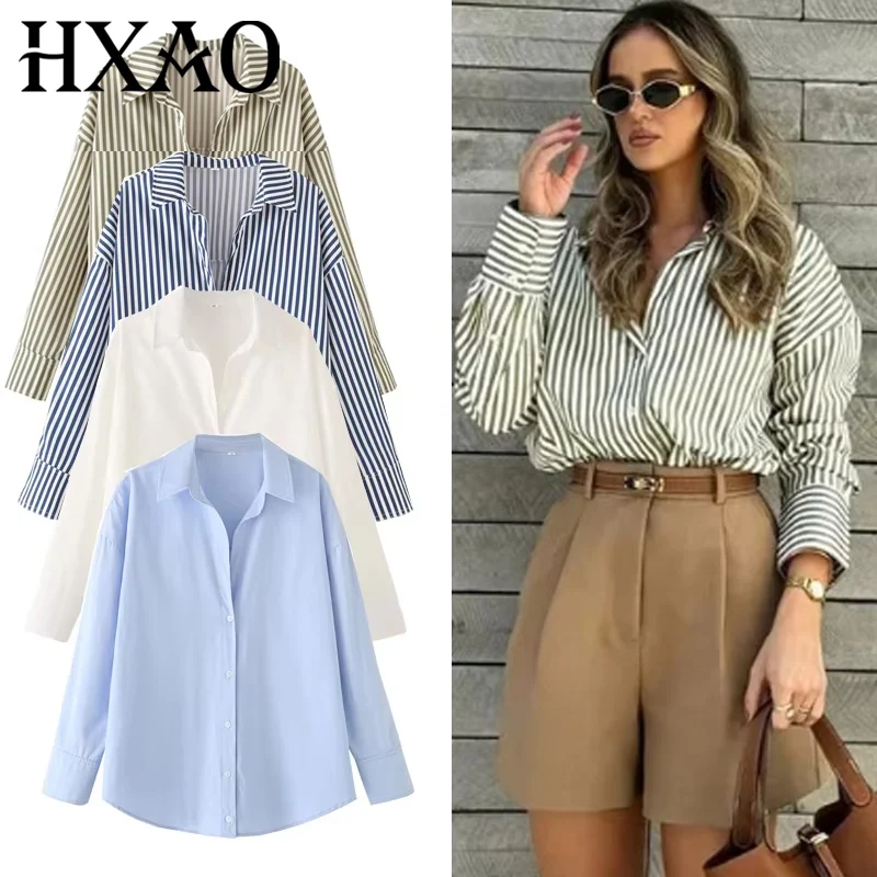HXAO 2025 Woman Blouses Long Stripe Shirts Women Spring Summer Long Sleeve Blue White Shirt Woman Large Tops Button Up Shirts