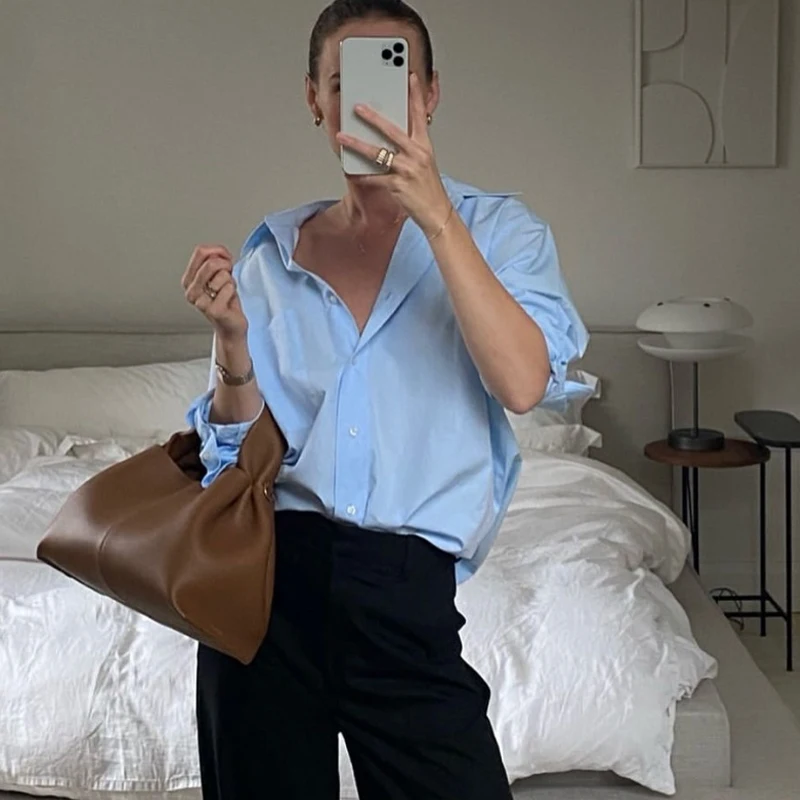HXAO 2025 Woman Blouses Long Stripe Shirts Women Spring Summer Long Sleeve Blue White Shirt Woman Large Tops Button Up Shirts