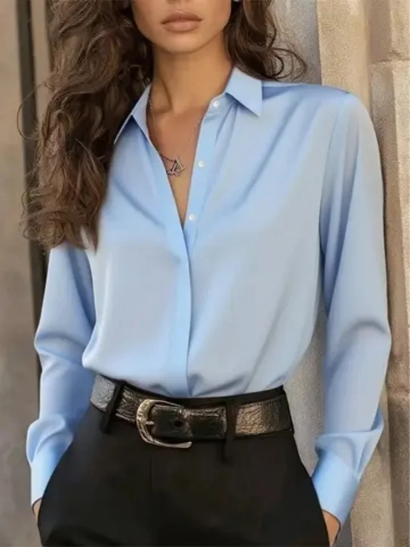 Women's Long Sleeve Button Down Blouse - Elegant Office Chic Top with Classic Collar & Versatile Style