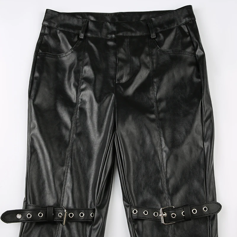 SUCHCUTE PU Leather Flare Pant Goth Buckle Lace Patchwork Pants Women Fashion Y2K Streetwear Vintage Aesthetics Casual Trouesrs