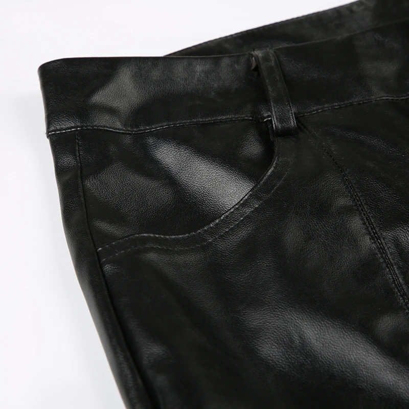 SUCHCUTE PU Leather Flare Pant Goth Buckle Lace Patchwork Pants Women Fashion Y2K Streetwear Vintage Aesthetics Casual Trouesrs