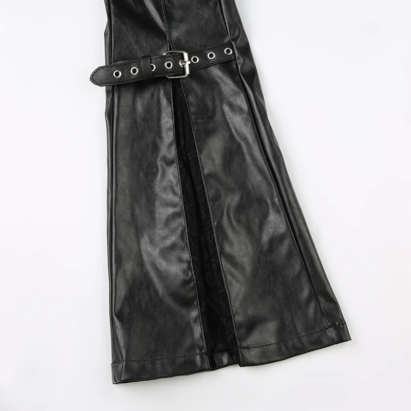 SUCHCUTE PU Leather Flare Pant Goth Buckle Lace Patchwork Pants Women Fashion Y2K Streetwear Vintage Aesthetics Casual Trouesrs