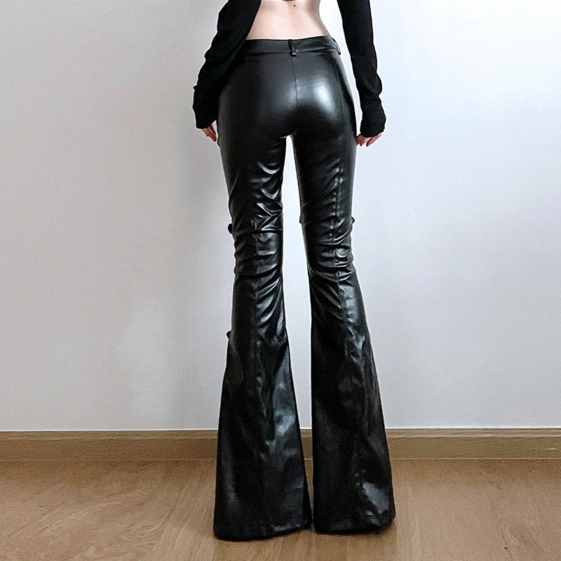 SUCHCUTE PU Leather Flare Pant Goth Buckle Lace Patchwork Pants Women Fashion Y2K Streetwear Vintage Aesthetics Casual Trouesrs