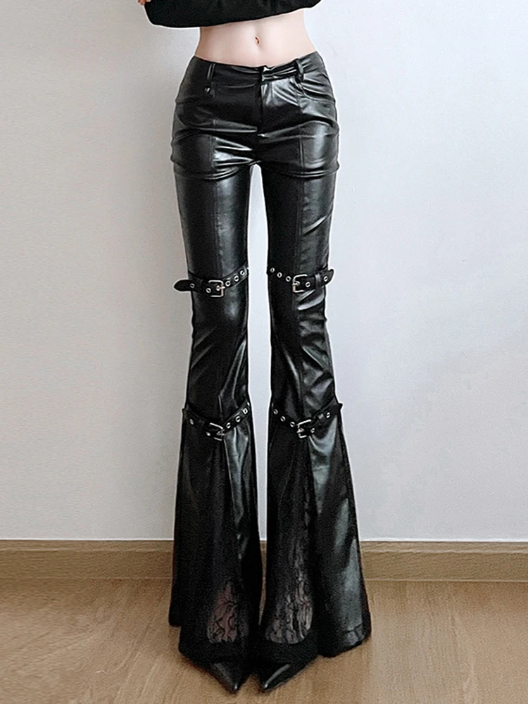 SUCHCUTE PU Leather Flare Pant Goth Buckle Lace Patchwork Pants Women Fashion Y2K Streetwear Vintage Aesthetics Casual Trouesrs