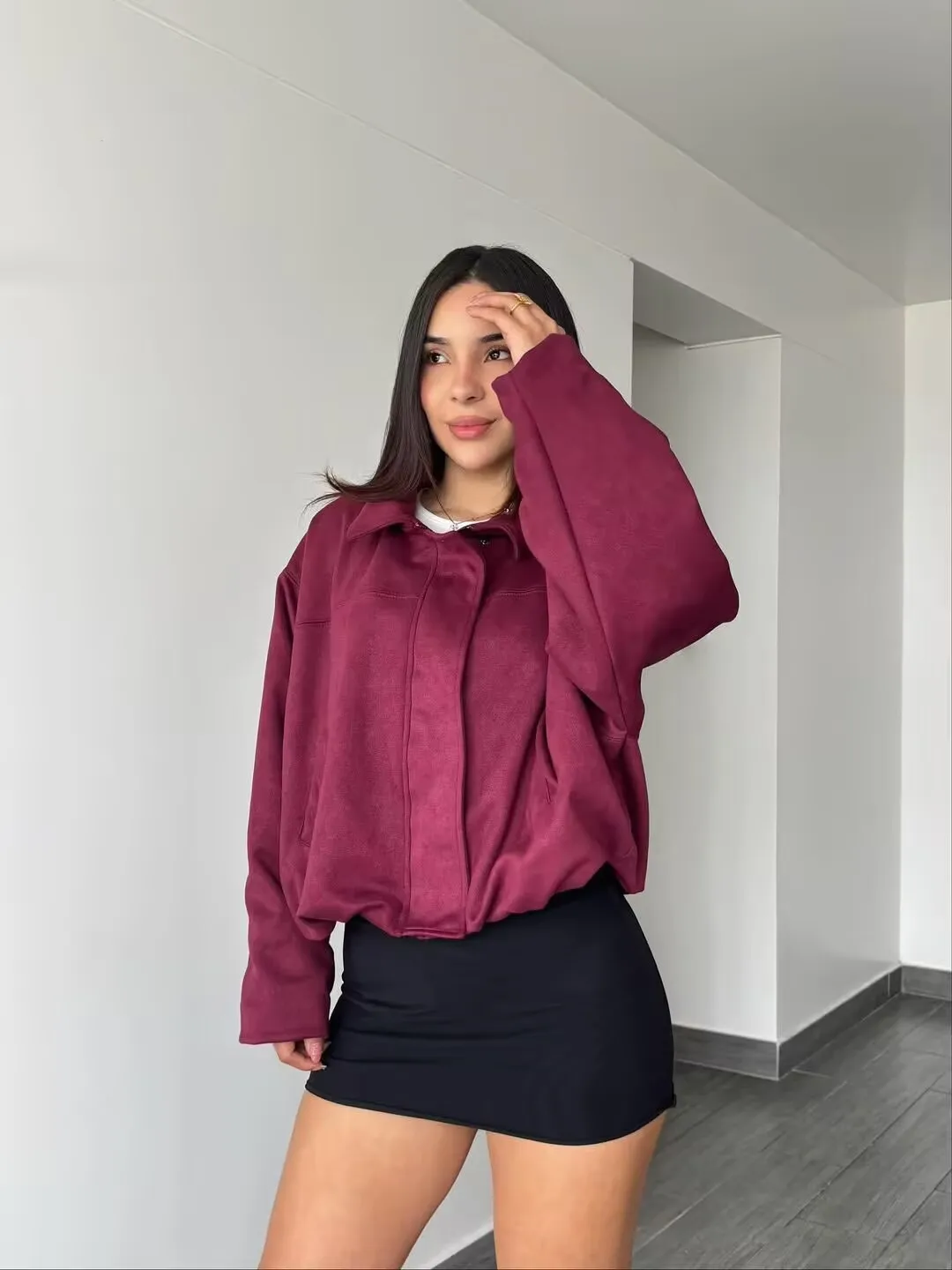 YENKYE New 2025 Women Suede Textured Jacket Long Sleeve Lapel Collar Loose Coats Casual Female Outerwear Chic Tops