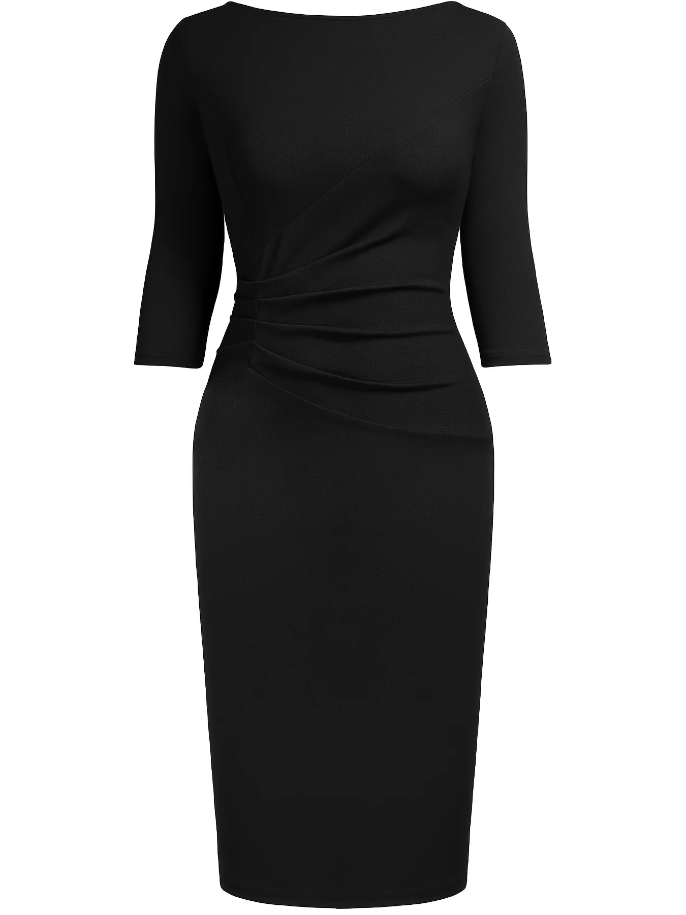 Womens Elegant Round Neck 2/3 Sleeve Work Office Knee Length Solid Business Casual Party Ruched Pencil Bodycon Sheath Dress