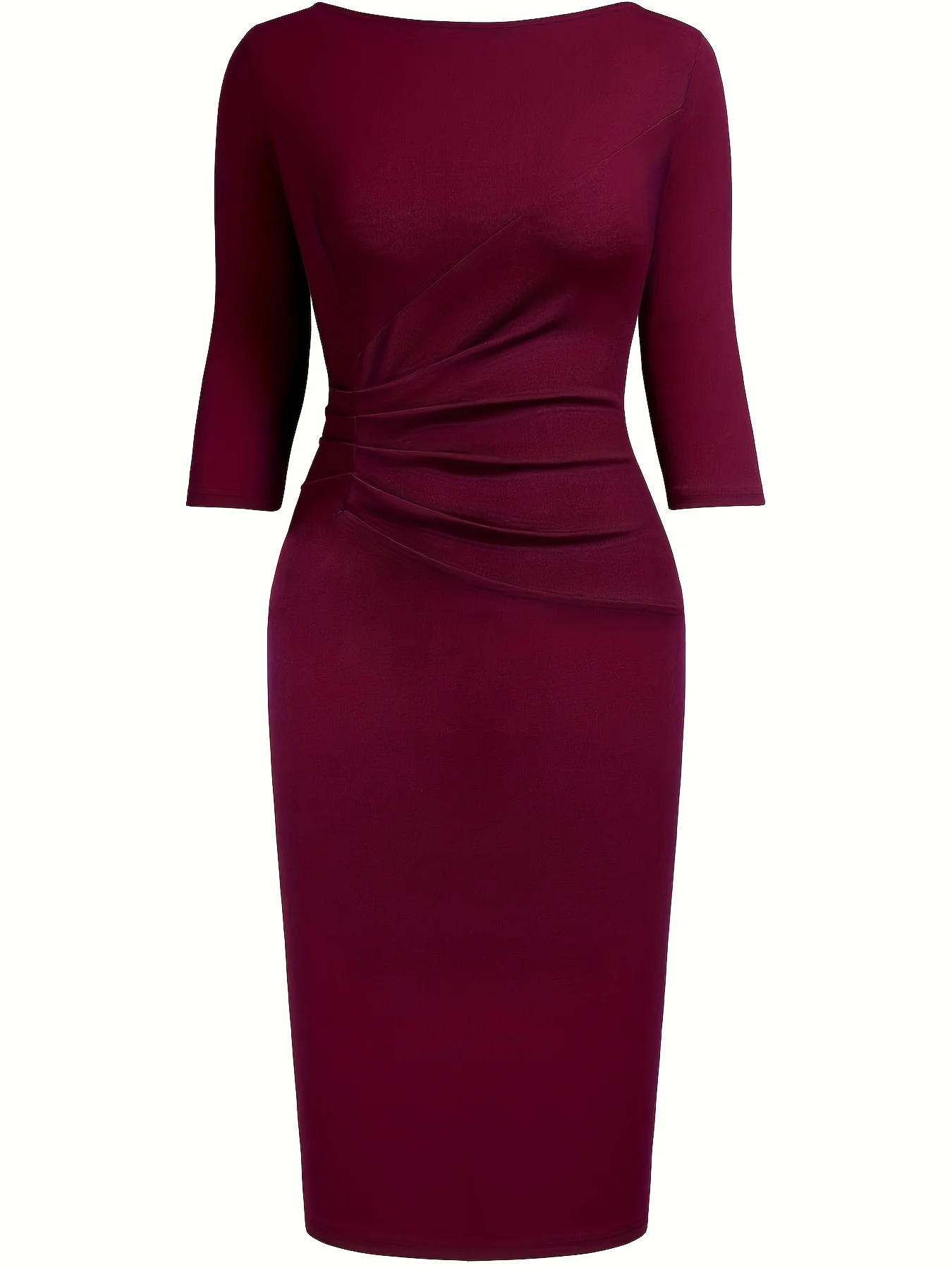 Womens Elegant Round Neck 2/3 Sleeve Work Office Knee Length Solid Business Casual Party Ruched Pencil Bodycon Sheath Dress