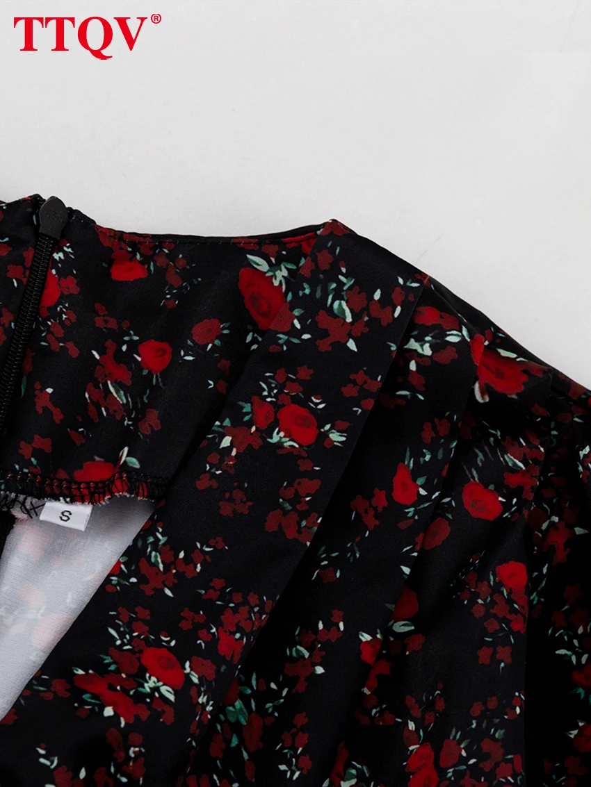 TTQV Fashion Slim Print Women's Dress 2026 Summer V-Neck Short Sleeve Mini Dresses Lady Elegant Classic High Waist Female Dress