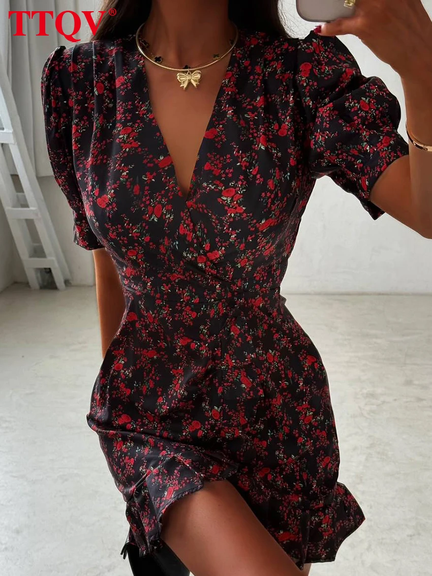 TTQV Fashion Slim Print Women's Dress 2026 Summer V-Neck Short Sleeve Mini Dresses Lady Elegant Classic High Waist Female Dress