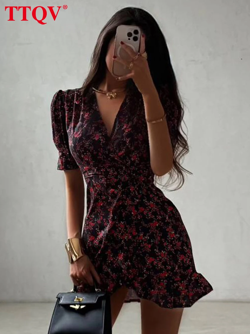 TTQV Fashion Slim Print Women's Dress 2026 Summer V-Neck Short Sleeve Mini Dresses Lady Elegant Classic High Waist Female Dress