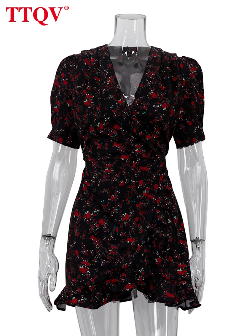 TTQV Fashion Slim Print Women's Dress 2026 Summer V-Neck Short Sleeve Mini Dresses Lady Elegant Classic High Waist Female Dress