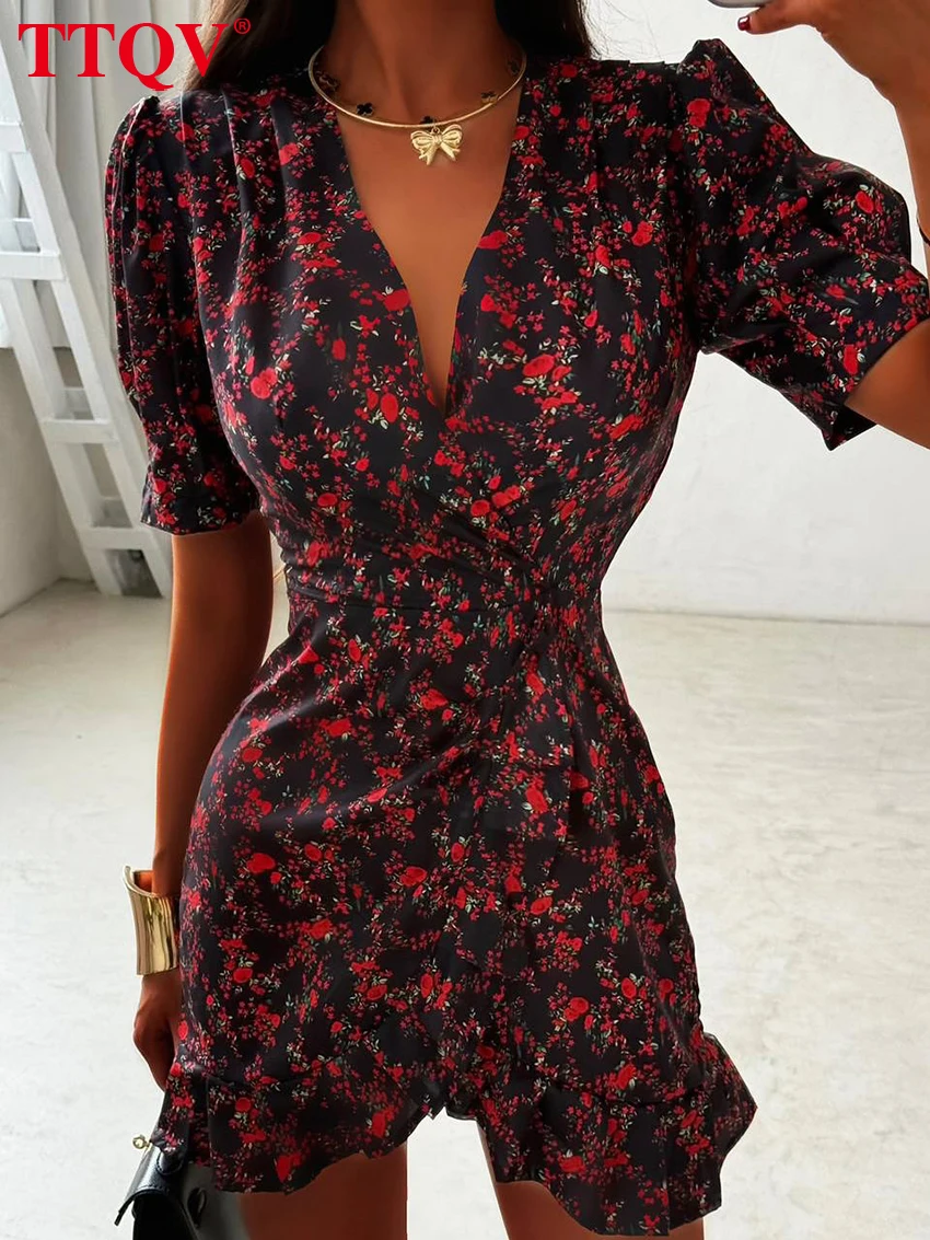 TTQV Fashion Slim Print Women's Dress 2026 Summer V-Neck Short Sleeve Mini Dresses Lady Elegant Classic High Waist Female Dress